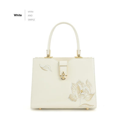 Fashionable national style white embroidered cowhide hand-held crossbody women's bag cheongsam bag mother bag