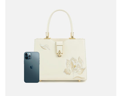 Fashionable national style white embroidered cowhide hand-held crossbody women's bag cheongsam bag mother bag