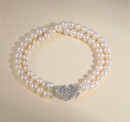 Love Bursting 5-6mm Nearly Round Freshwater Pearl Bracelet Women's S925 Silver Double Layer Bracelet