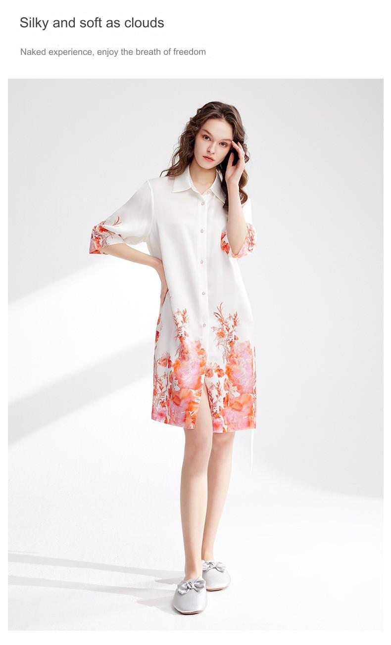 TW heavy silk nightgown printed shirt dress mid-sleeve lapel mulberry silk