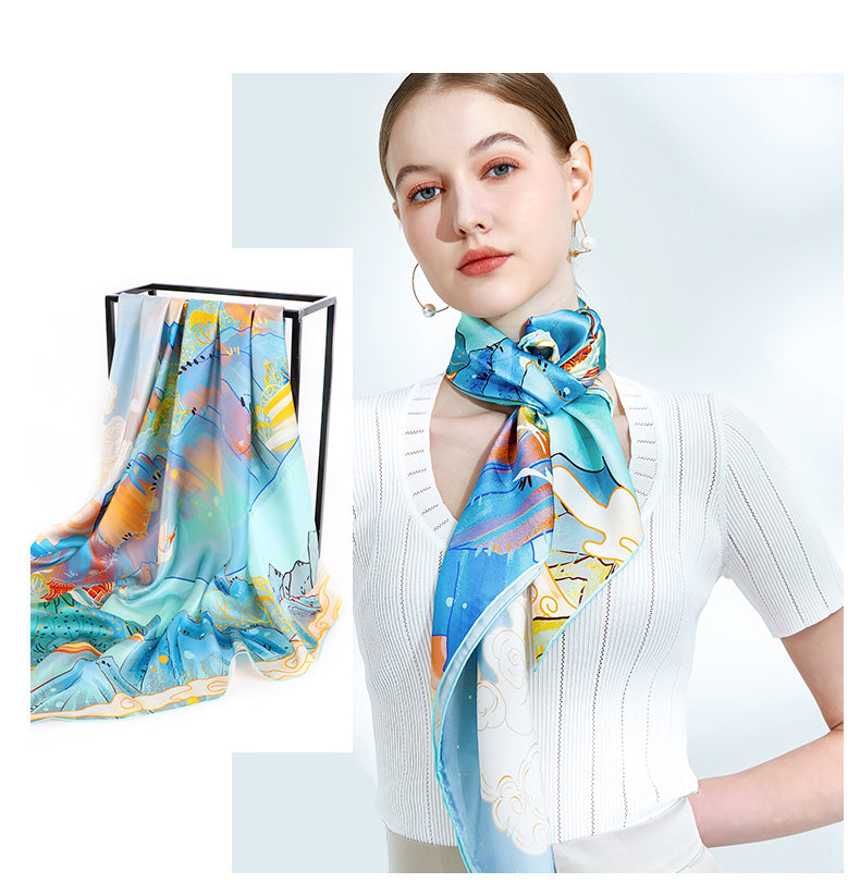 A 100% mulberry silk satin scarf of the magnificence of mountains and rivers