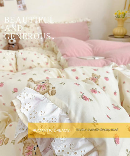 Korean princess style pure cotton four-piece set ins small fresh cotton bed sheet lace quilt cover bed sheet bedding