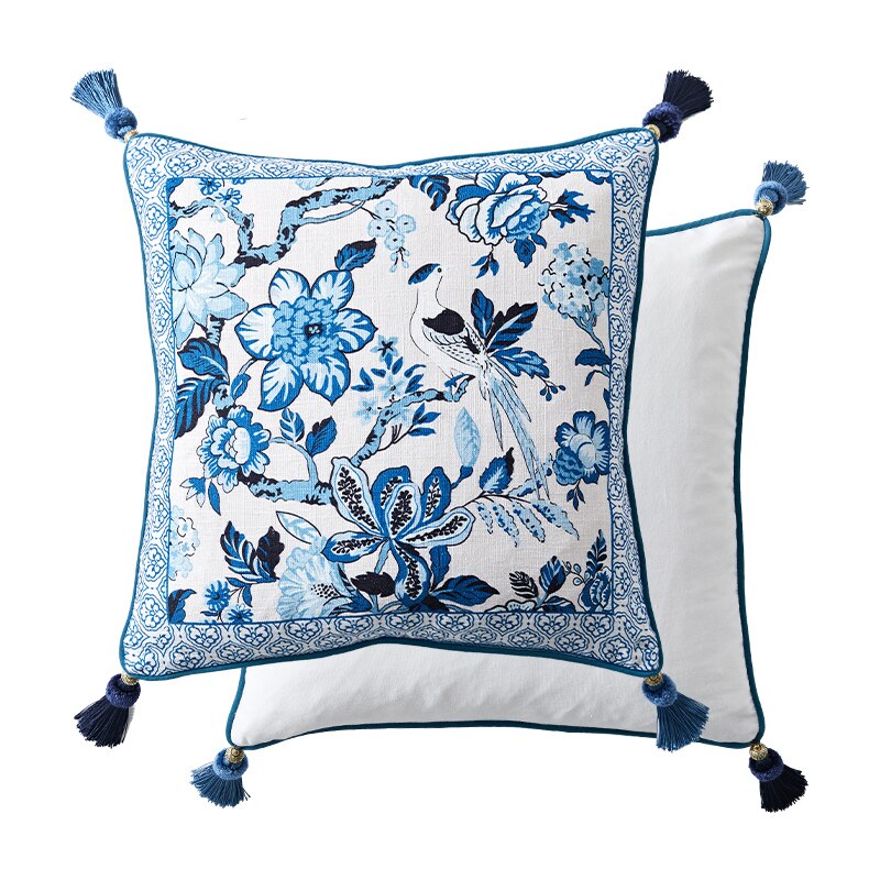 Medicci Home Chinoiserie Retro Style Cushion Cover Blue And White Porcelain Floral Birds Print Lumbar Pillow Case Chic Home Deco