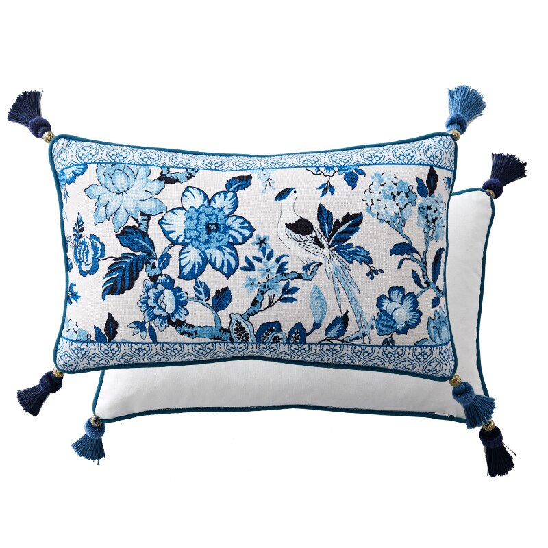 Medicci Home Chinoiserie Retro Style Cushion Cover Blue And White Porcelain Floral Birds Print Lumbar Pillow Case Chic Home Deco