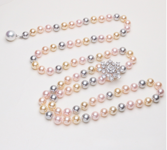 Long necklace made from pearl shell beads mixed color with snowflake buckle