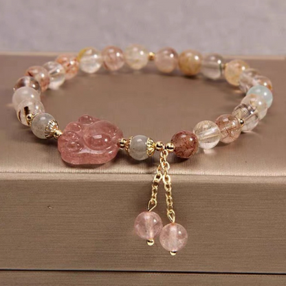 Natural color hair crystal & strawberry crystal cat claw women bracelet