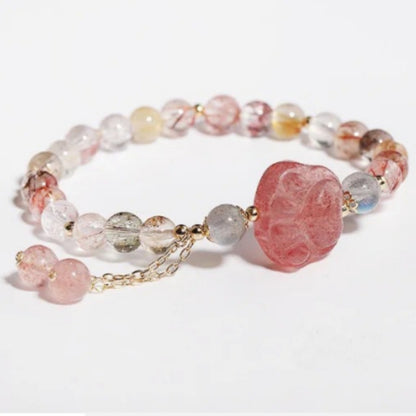 Natural color hair crystal & strawberry crystal cat claw women bracelet