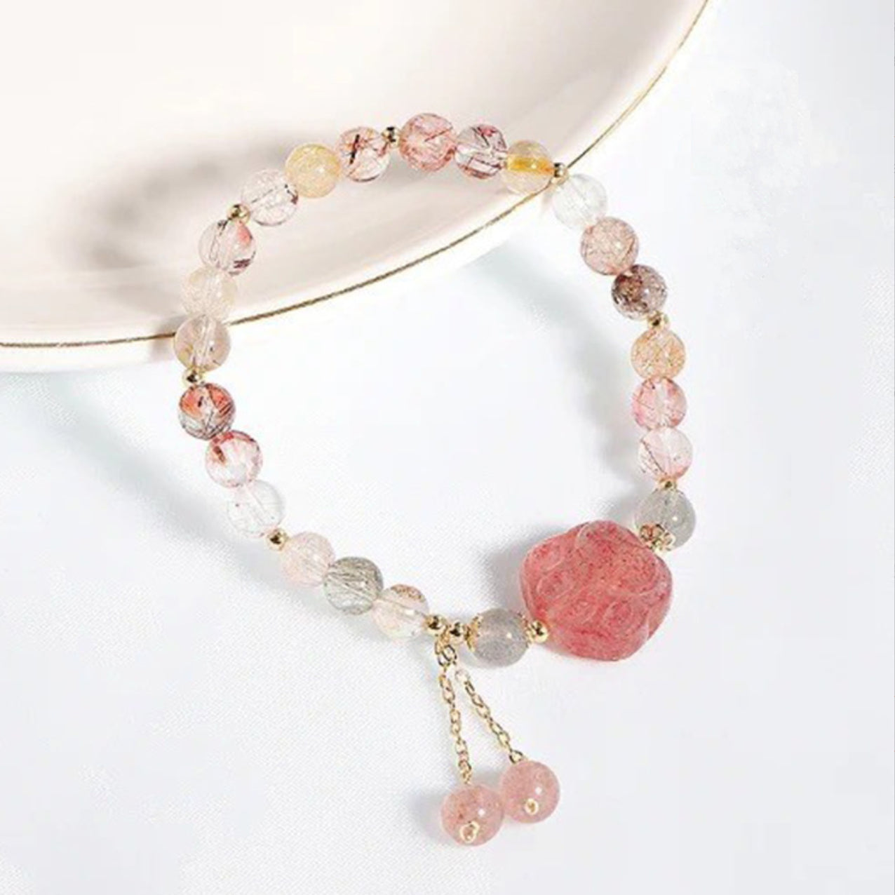 Natural color hair crystal & strawberry crystal cat claw women bracelet