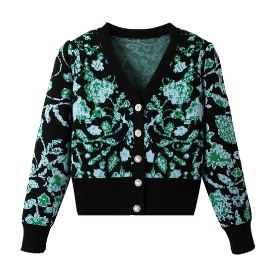 V-neck Early autumn Long-sleeved Flower decorated Knitted Short Jacket