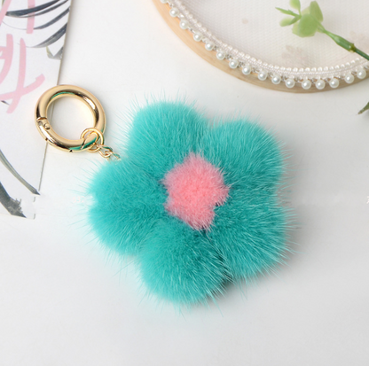 Real mink fur sunflower keychain plush fur bag pendant cute cherry blossoms flower diy accessories