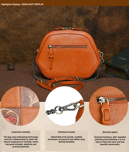 Women's mini crossbody bag, retro embossed dyed vegetable tanned leather, fashionable shell bag, chain shoulder bag, wholesale
