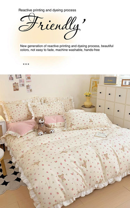 Korean princess style pure cotton four-piece set ins small fresh cotton bed sheet lace quilt cover bed sheet bedding