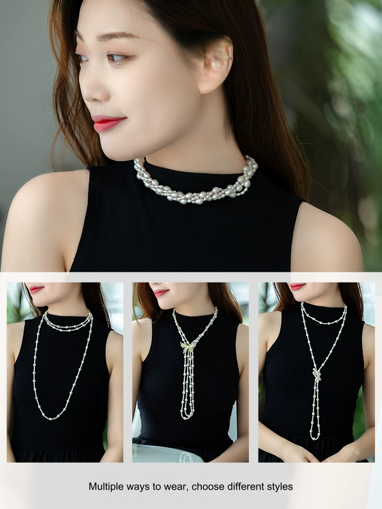 Necklace 3-7.3mm Millet Pearl Freshwater Pearl Necklace Design Multi-Wear Sweater Chain