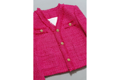 Fashionable street style jacket designed with a ladylike temperament, a tweed rose red top