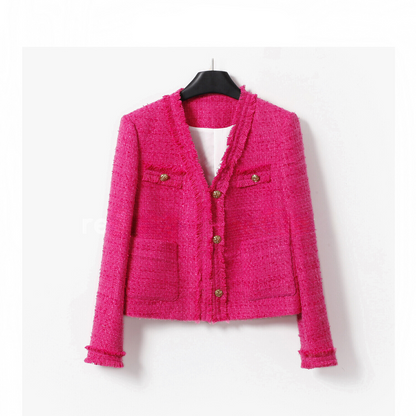 Fashionable street style jacket designed with a ladylike temperament, a tweed rose red top