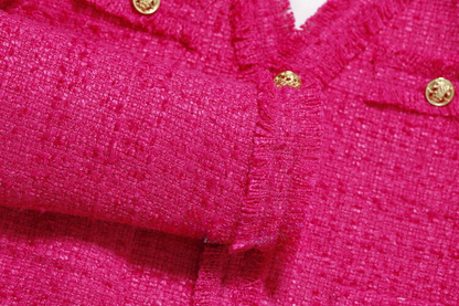 Fashionable street style jacket designed with a ladylike temperament, a tweed rose red top