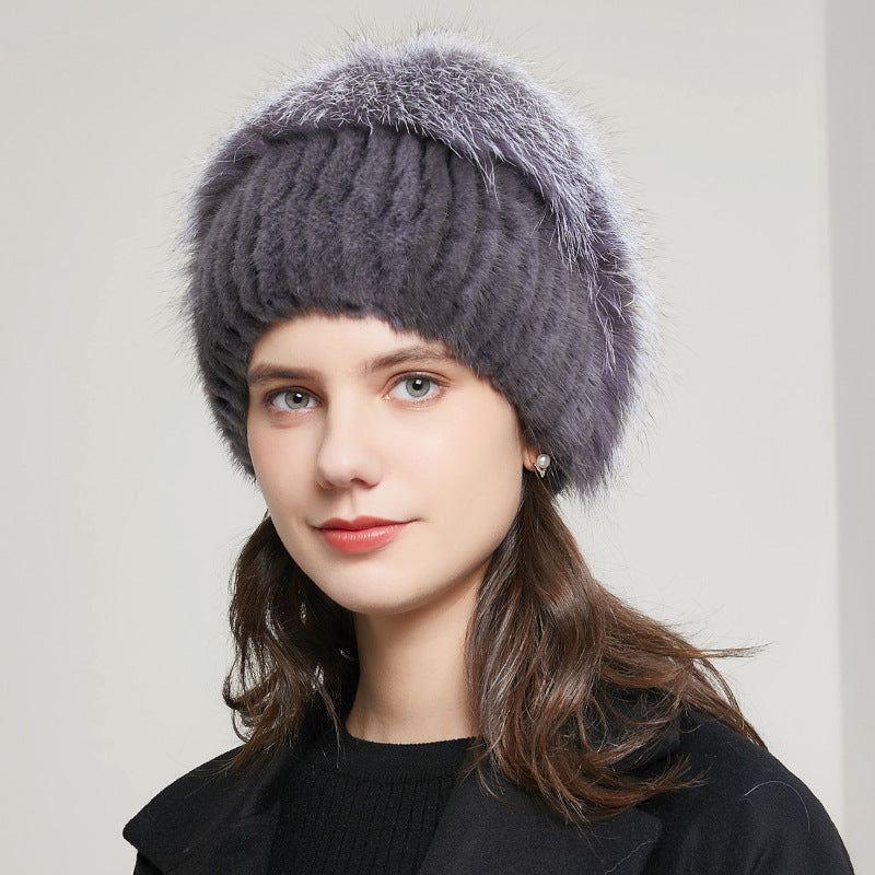 Fox Fur Fur Winter Warm Rhinestone Knitted Stretch Knitted Hat Women