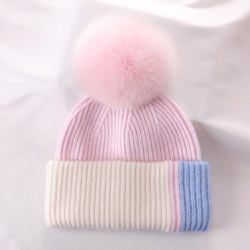 Rabbit Fur Autumn Winter Korean Cute Real Fox Fur Ball Thick Warm Plush Knitted Hat