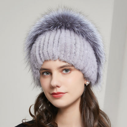 Fox Fur Fur Winter Warm Rhinestone Knitted Stretch Knitted Hat Women