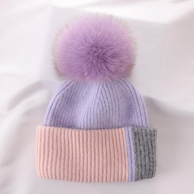 Rabbit Fur Autumn Winter Korean Cute Real Fox Fur Ball Thick Warm Plush Knitted Hat