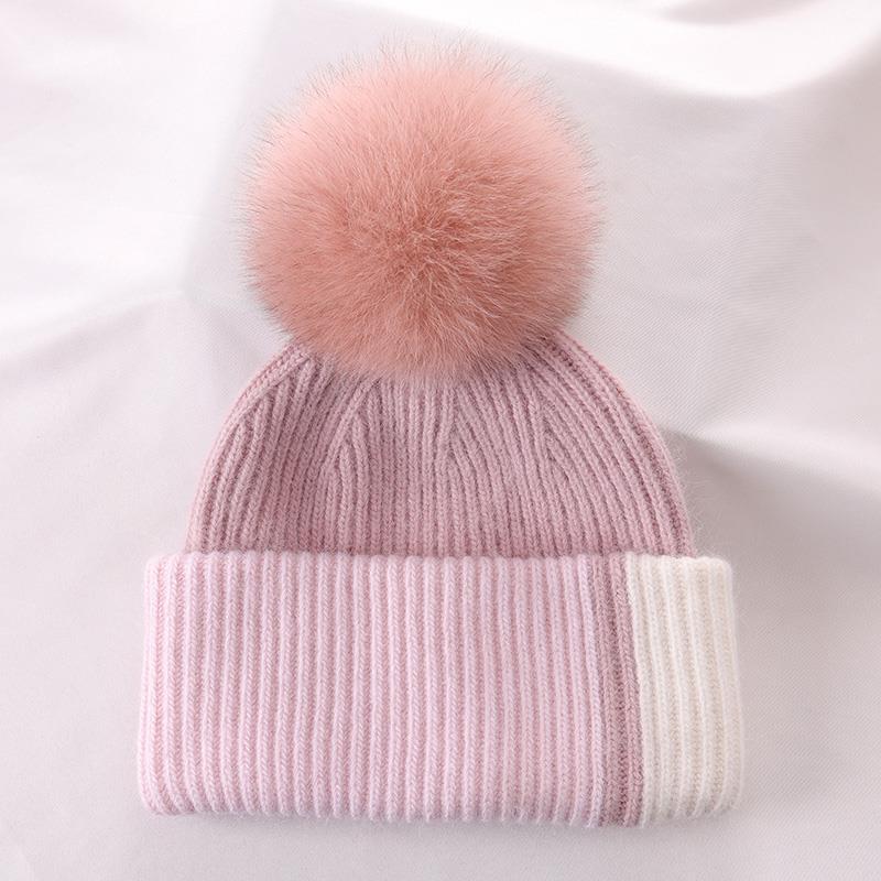 Rabbit Fur Autumn Winter Korean Cute Real Fox Fur Ball Thick Warm Plush Knitted Hat