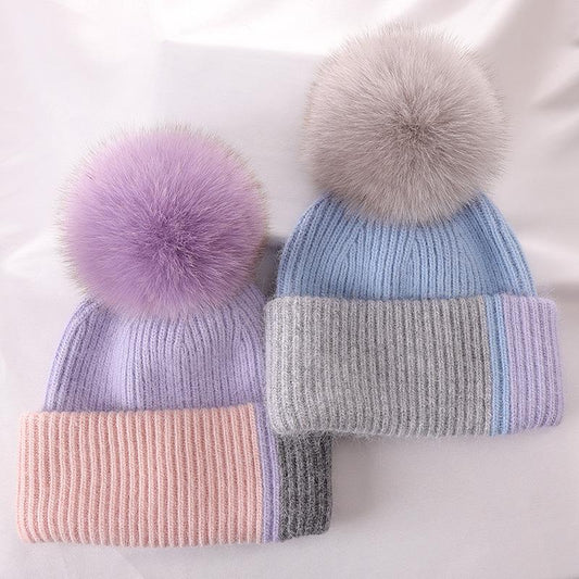 Rabbit Fur Autumn Winter Korean Cute Real Fox Fur Ball Thick Warm Plush Knitted Hat