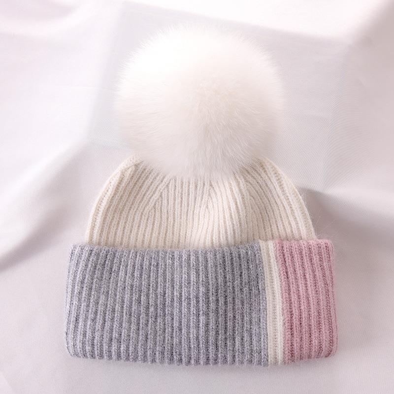 Rabbit Fur Autumn Winter Korean Cute Real Fox Fur Ball Thick Warm Plush Knitted Hat