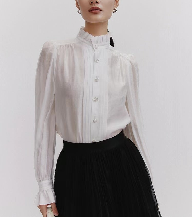 Shirt women's  fashion all-match  stand-up collar white long-sleeved