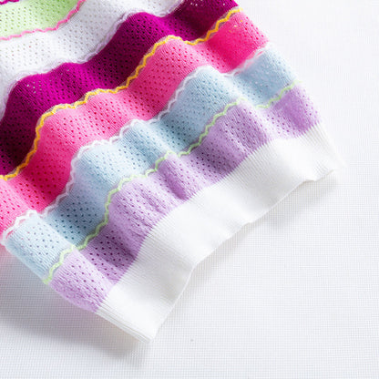 Colorful Striped Inlaid Short-sleeved Thin Knit Sweater