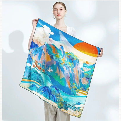 A 100% mulberry silk satin scarf of the magnificence of mountains and rivers