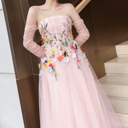 Beautiful long prom evening dress pink color embroidered with patterns and beads