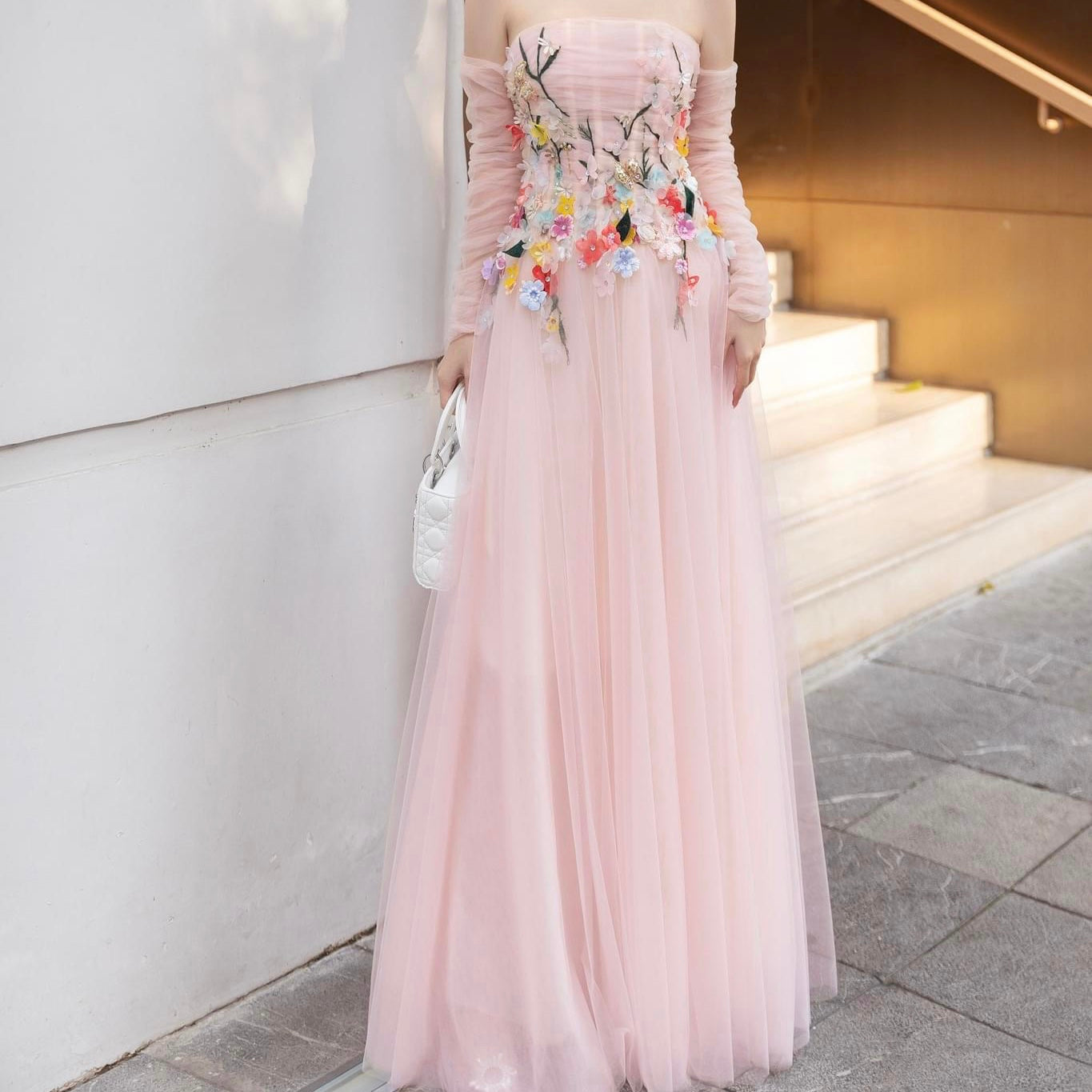 Beautiful long prom evening dress pink color embroidered with patterns and beads