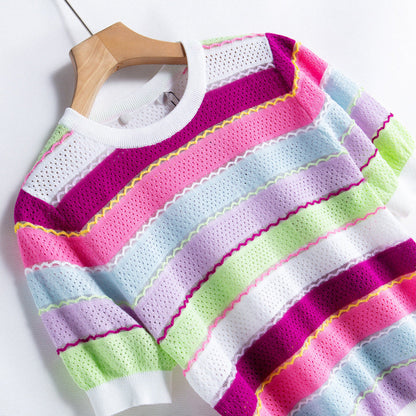 Colorful Striped Inlaid Short-sleeved Thin Knit Sweater