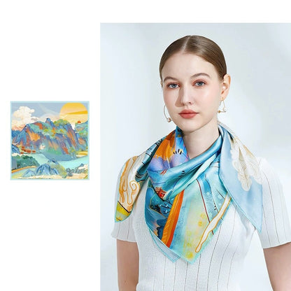 A 100% mulberry silk satin scarf of the magnificence of mountains and rivers