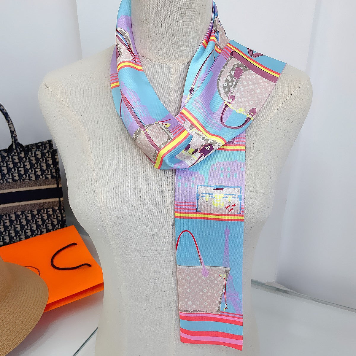 Satin plaid silk scarf, long hairband, ladies versatile scarf ribbon, belt scarf