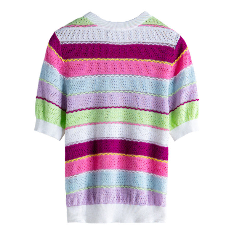 Colorful Striped Inlaid Short-sleeved Thin Knit Sweater