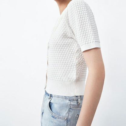 Knitted white women short-sleeved top with button