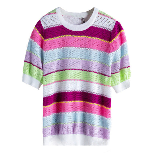 Colorful Striped Inlaid Short-sleeved Thin Knit Sweater