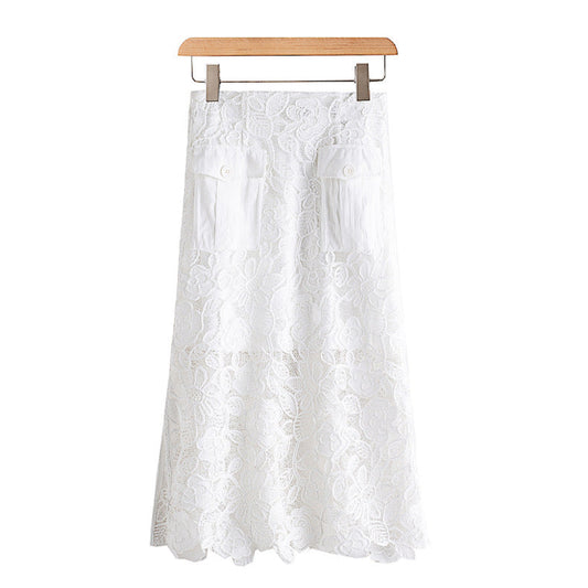 Chic hollow embroidery skirt  straight skirt slit white