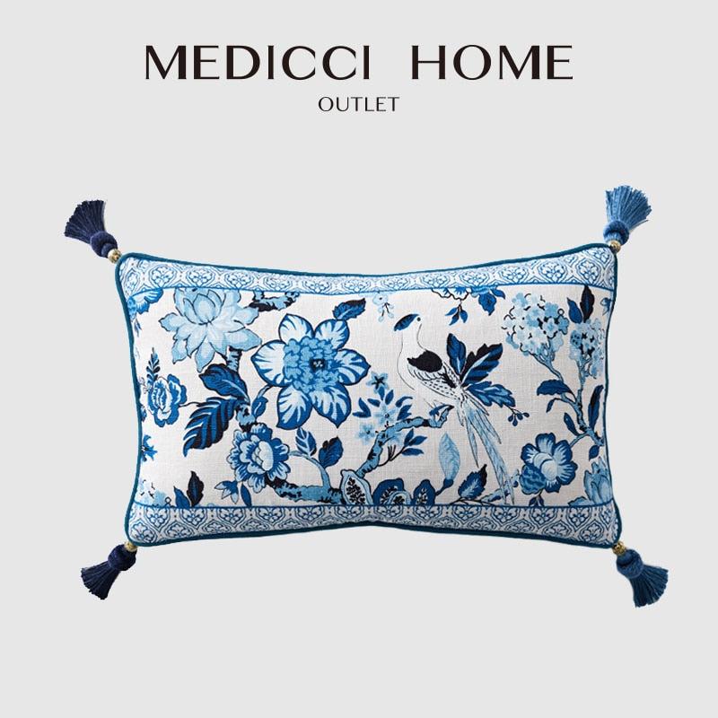 Medicci Home Chinoiserie Retro Style Cushion Cover Blue And White Porcelain Floral Birds Print Lumbar Pillow Case Chic Home Deco