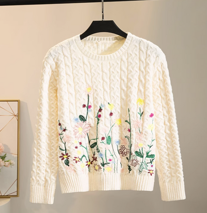 Twisted rope sweater autumn and winter round neck embroidered flowers pullover shirt